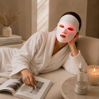 A woman in a white robe reclines on a beige sofa wearing a white LED facial mask that glows red around her eyes. A small round table beside her holds skincare bottles and a lit candle, with an open book and books on a side table in the background.
